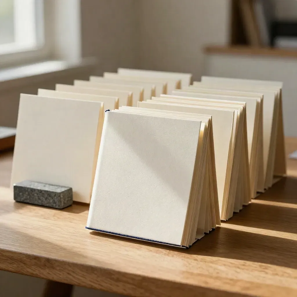 Brand strategy materials on warm wood: stitched booklet, card tiles, and stone weights in soft window light.