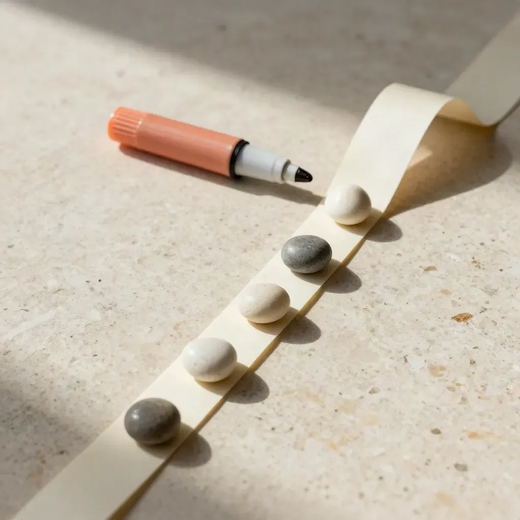 Top-down customer journey map made of paper strips and ceramic nodes, kinked then smoothing out.