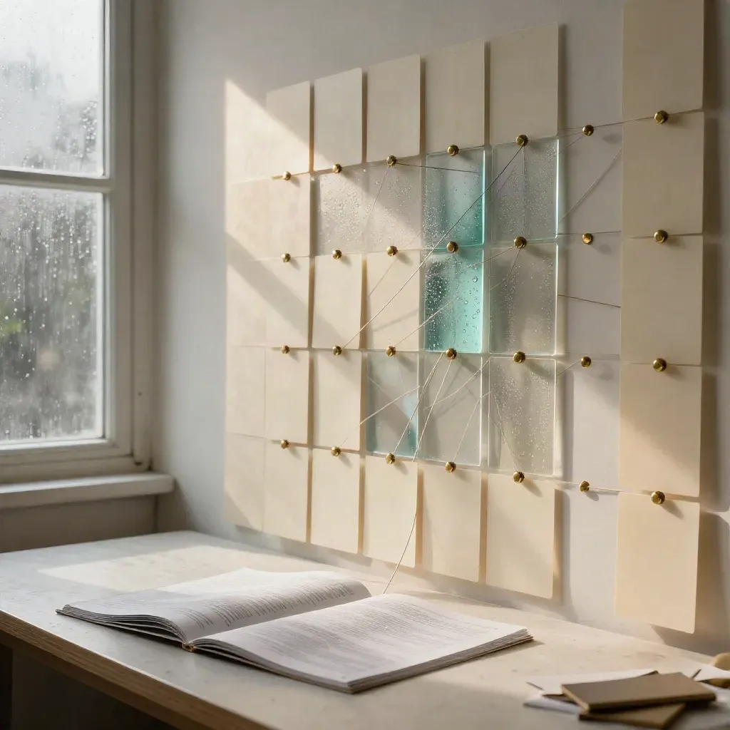 Moody strategy wall of cards, acetate, brass pins and thread on a plaster table after rain