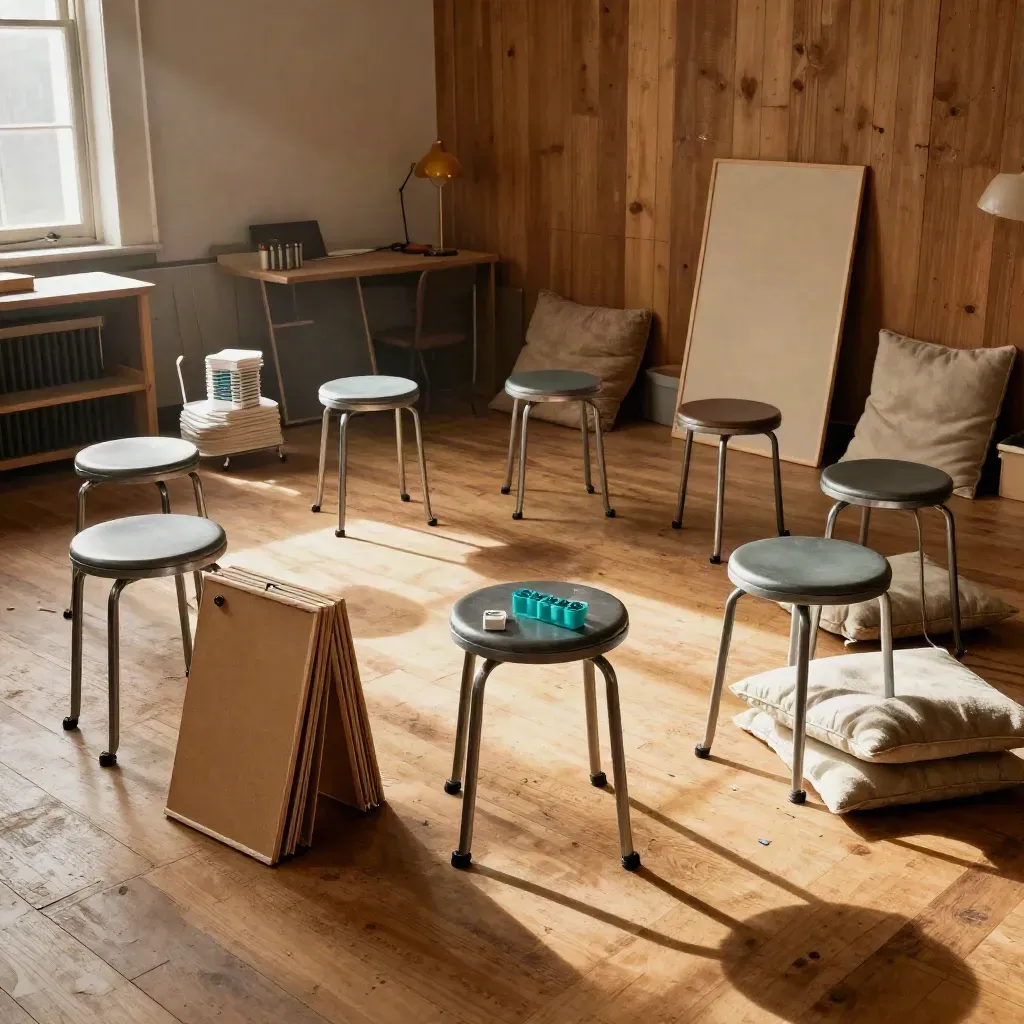 Workshop room reset with stools, pinboards and vote markers in warm late-afternoon light.