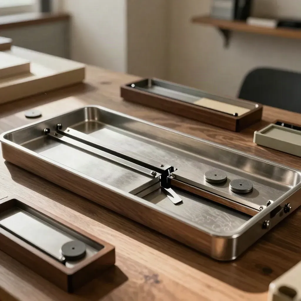 Nested process trays reveal a bottleneck gap with metal tabs and docked tools on a walnut bench.