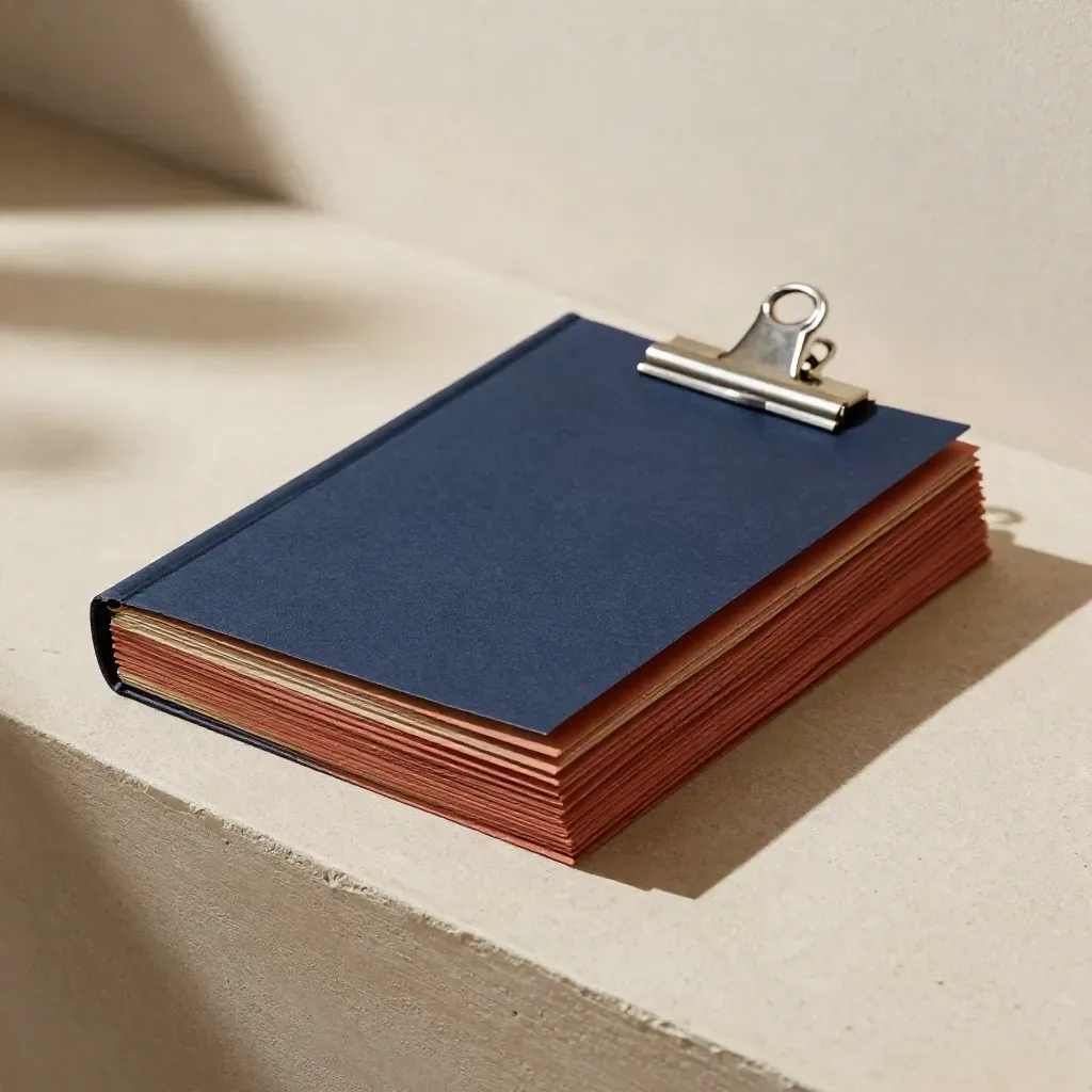 Pitch deck folio stack with separator cards and binding clip on a warm plaster ledge.