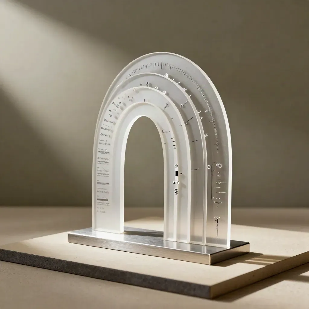 Frosted acrylic data arcs and dot clusters on a clean stand in moody raking light.