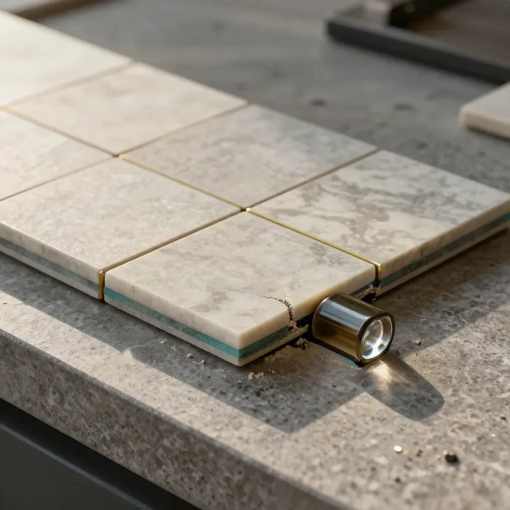 Macro of stone route tiles on a counter, with a polished exit node and soft sunlit haze.