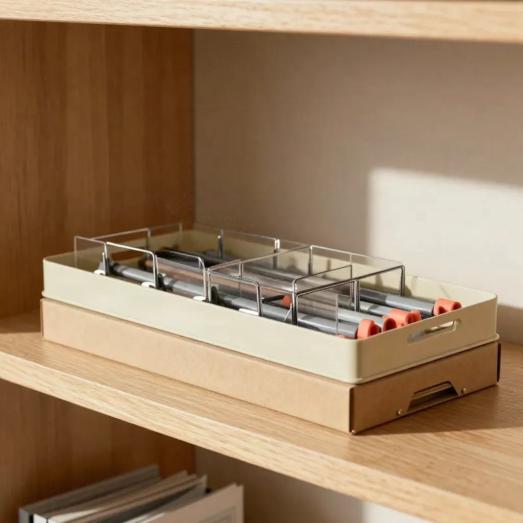 Organized agency shelf with trays, archive box, and drifting paper dust.