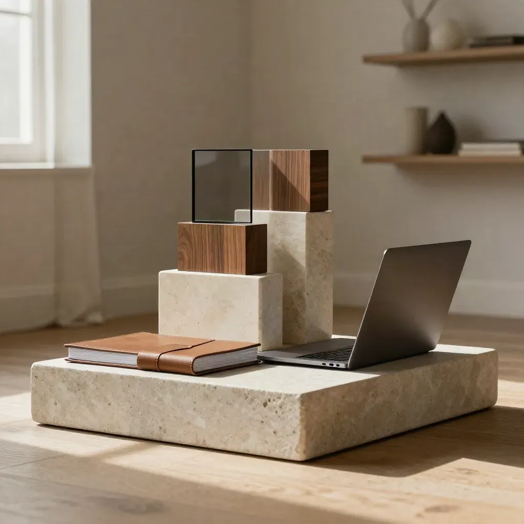 Demo pedestal with prototype blocks, folio, and closed laptop in warm studio light