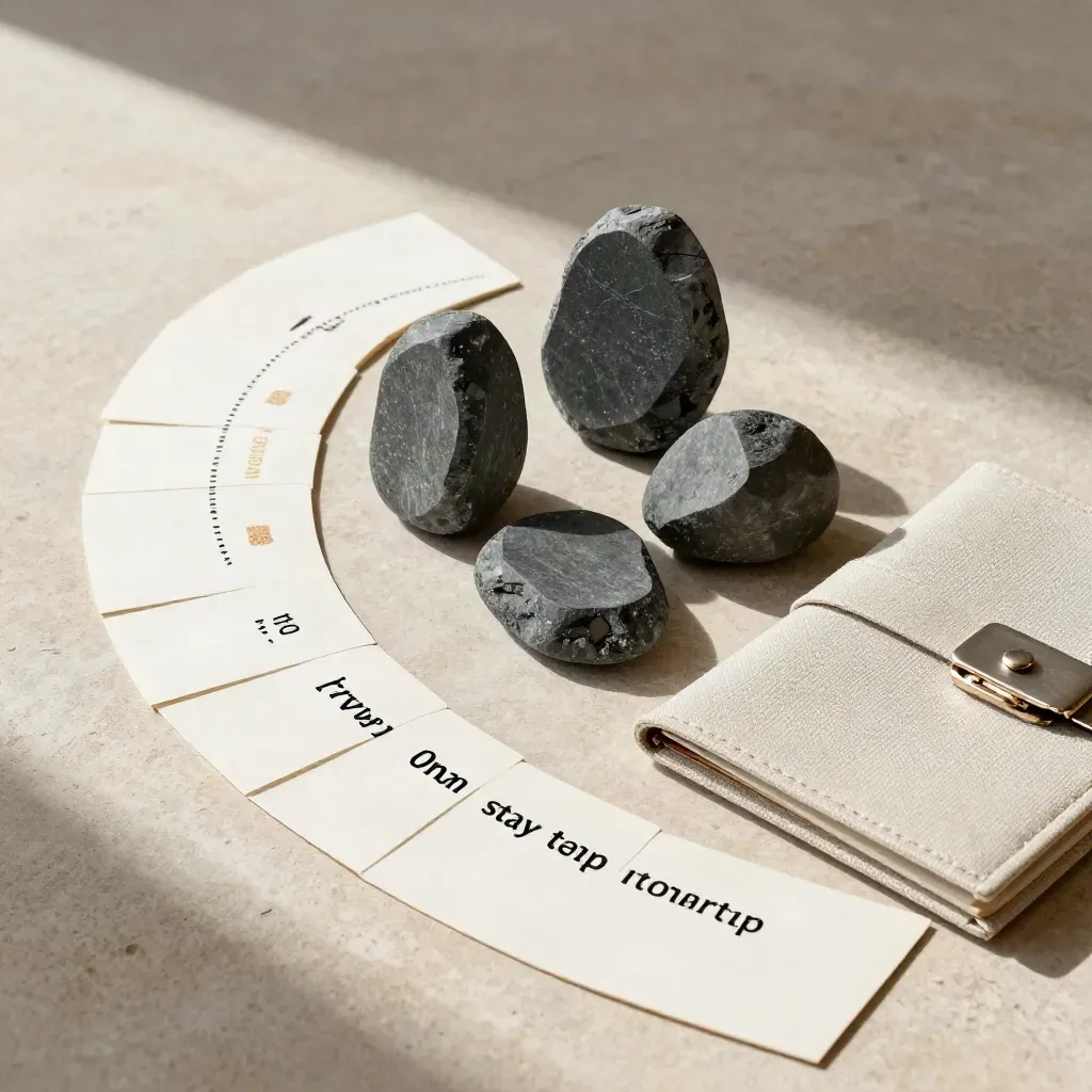 Top-down roadmap kit with slate milestone stones, curved cards, and a sealed investor pack.
