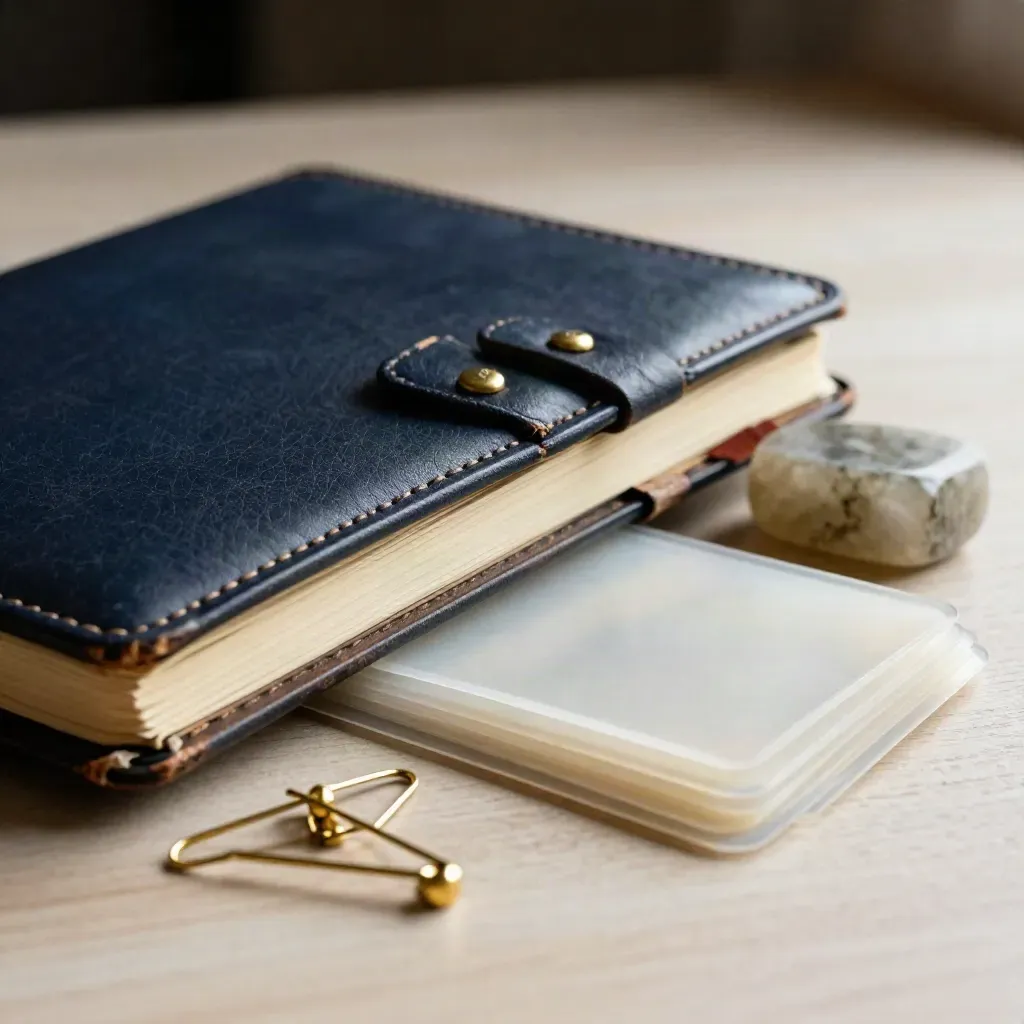 Closed navy notebook, brass pins, frosted strategy cards and stone paperweight on pale wood