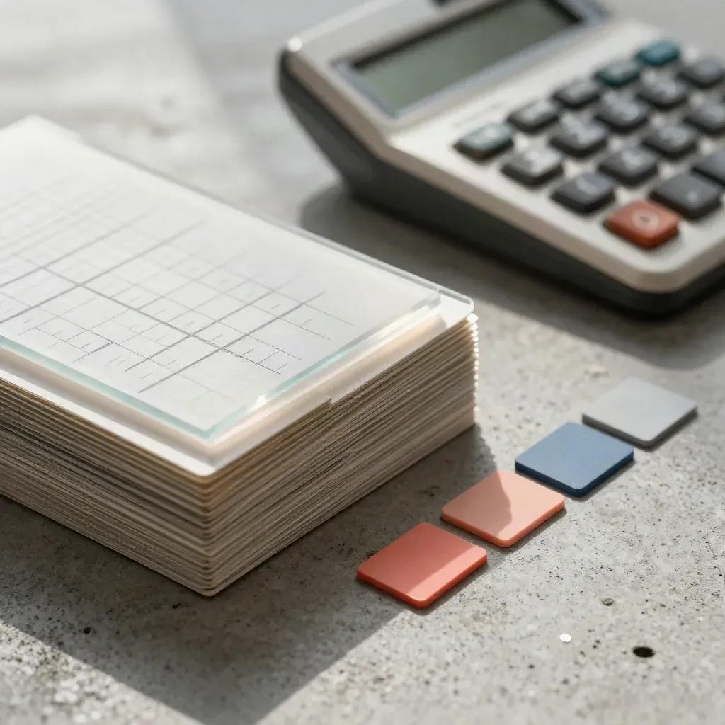Macro still life of punch cards, frosted overlays, calculator and coral chips on cool concrete.