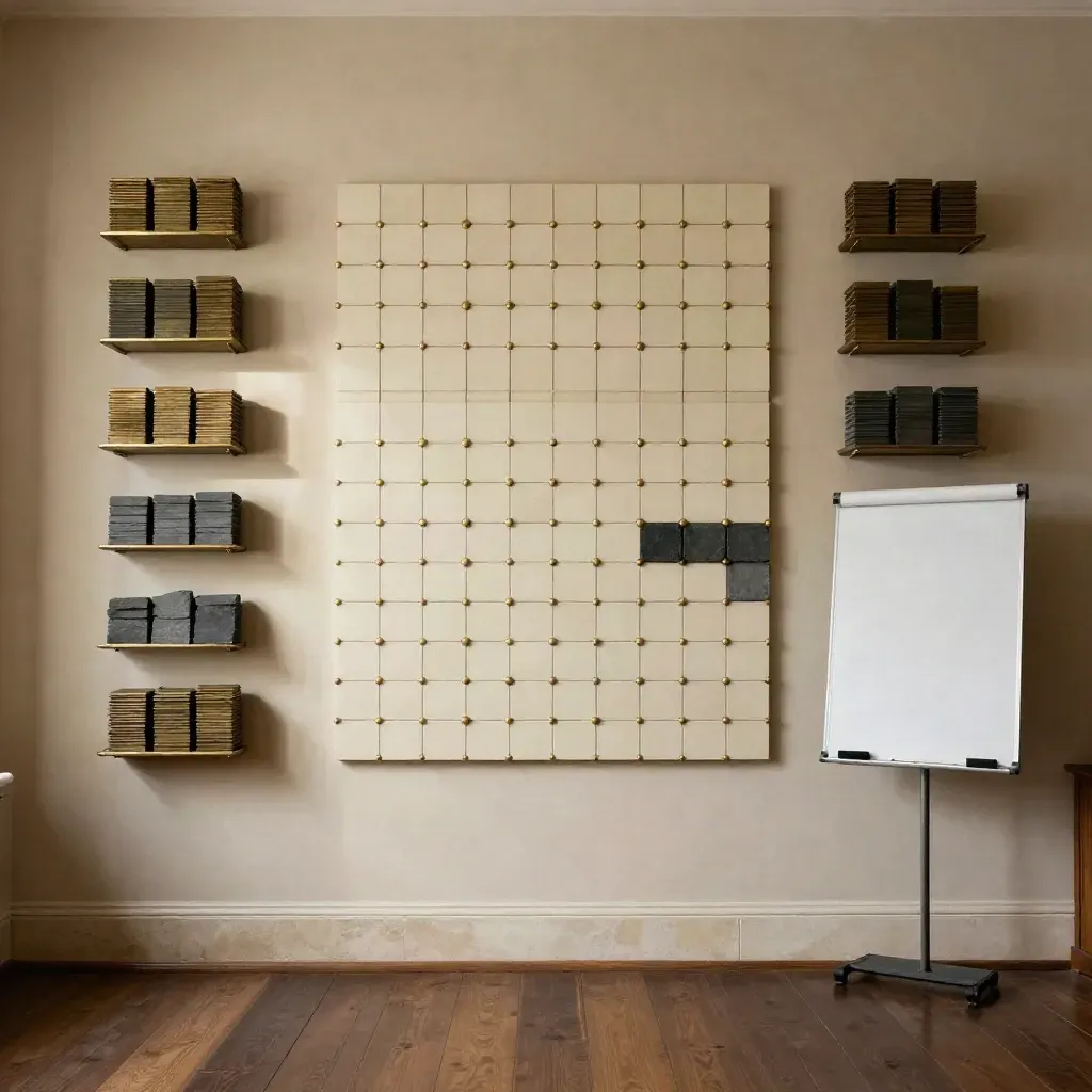 Strategy workshop wall with connected tiles, token stacks, and a presentation stand in dramatic light.