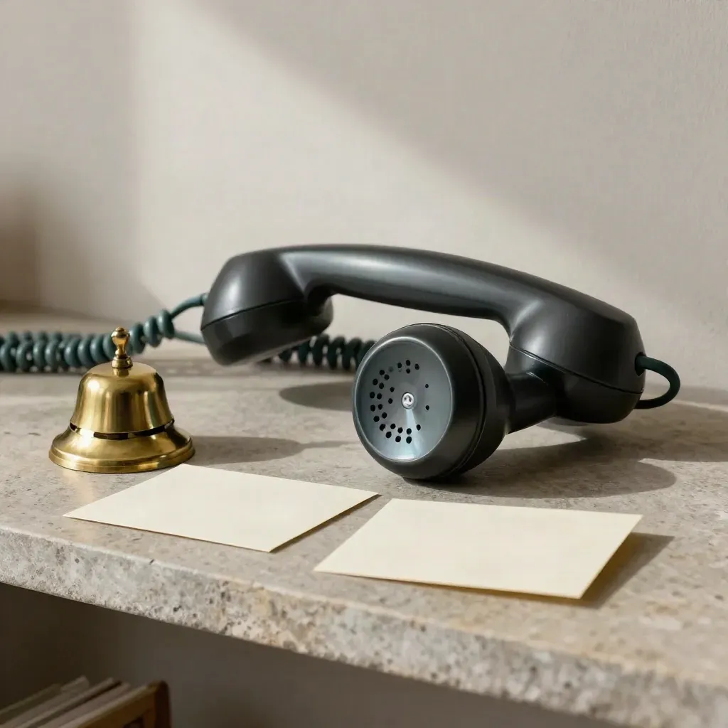 Vintage handset, brass bell and blank appointment cards on a stone shelf, soft side light.