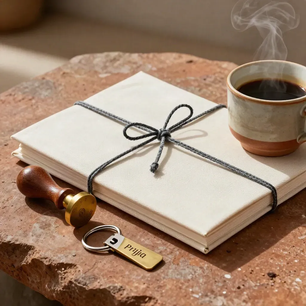 Sealed proposal folio, brass stamp, key ring and steaming coffee cup on terracotta stone.