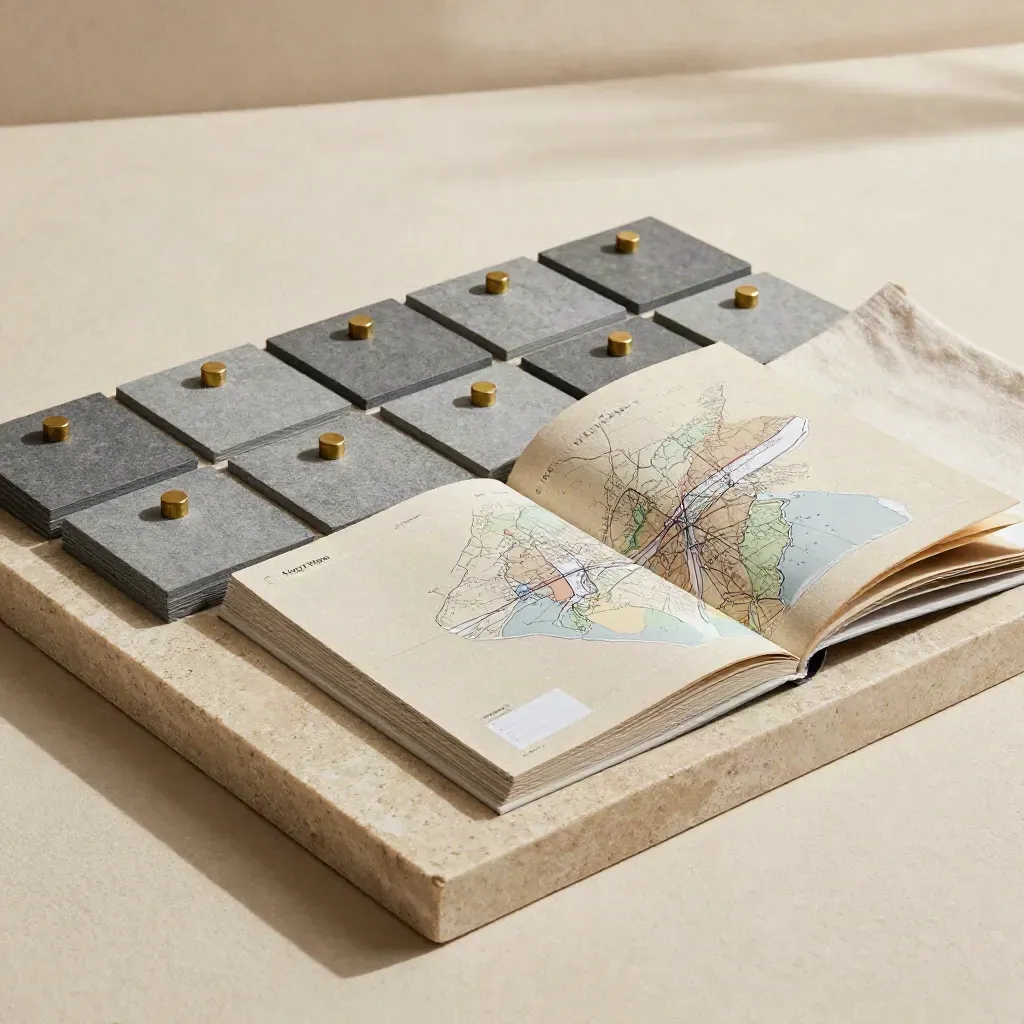 Stone-grey planning cards, brass pins and a folded booklet on a limestone tray, softly lit.