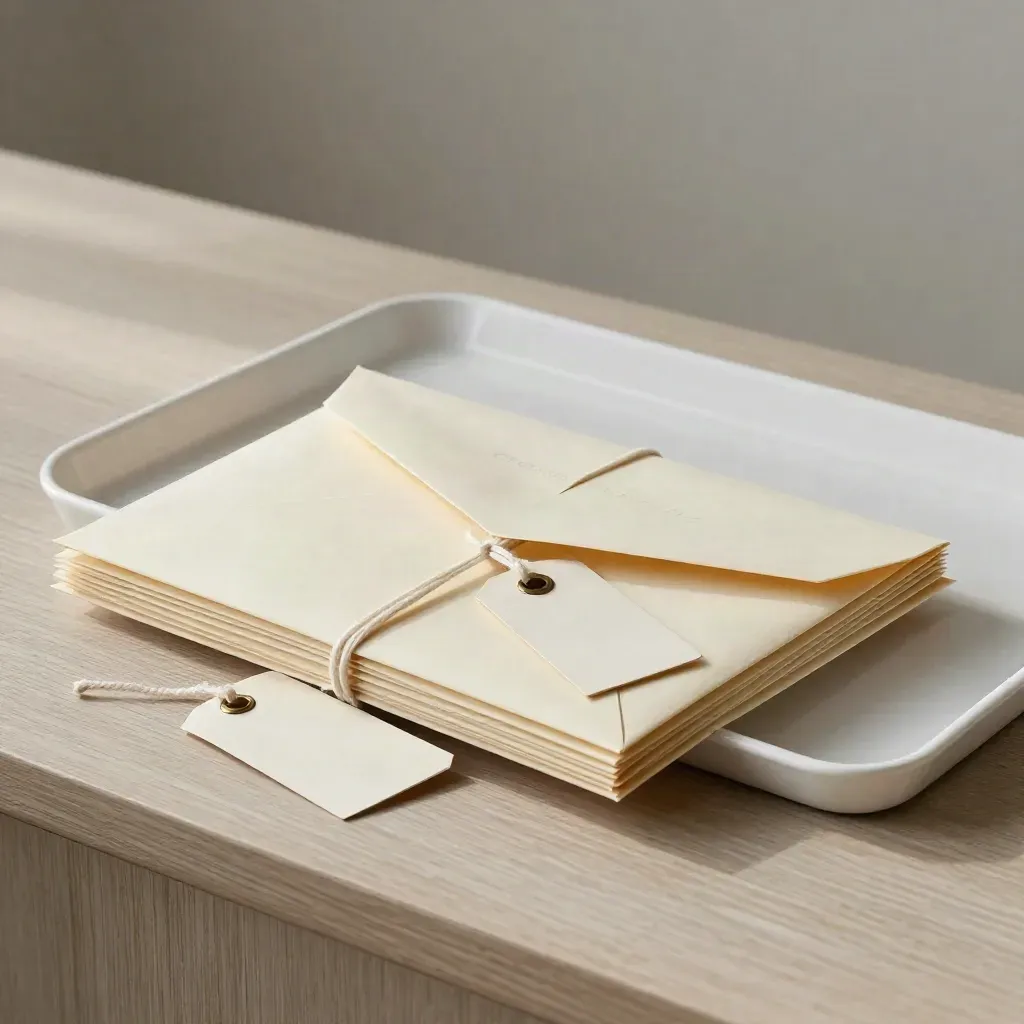 Cream handoff envelope, unmarked project tags, and a white tray on pale wood in soft side light.