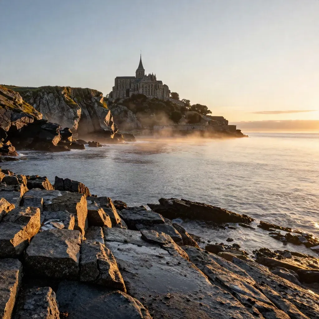 Munster headland with abbey silhouette above dark Atlantic rocks in golden haze.
