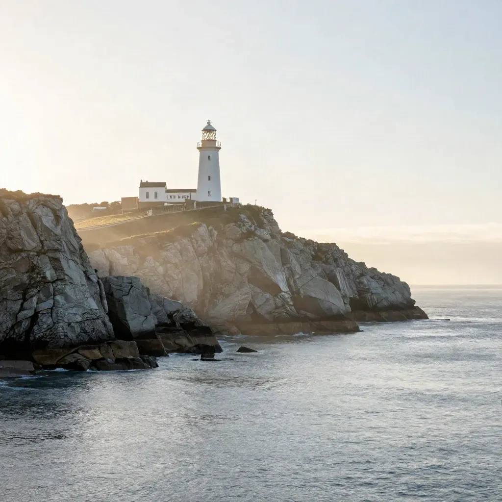 Howth Head lighthouse above misty Dublin Bay at dawn