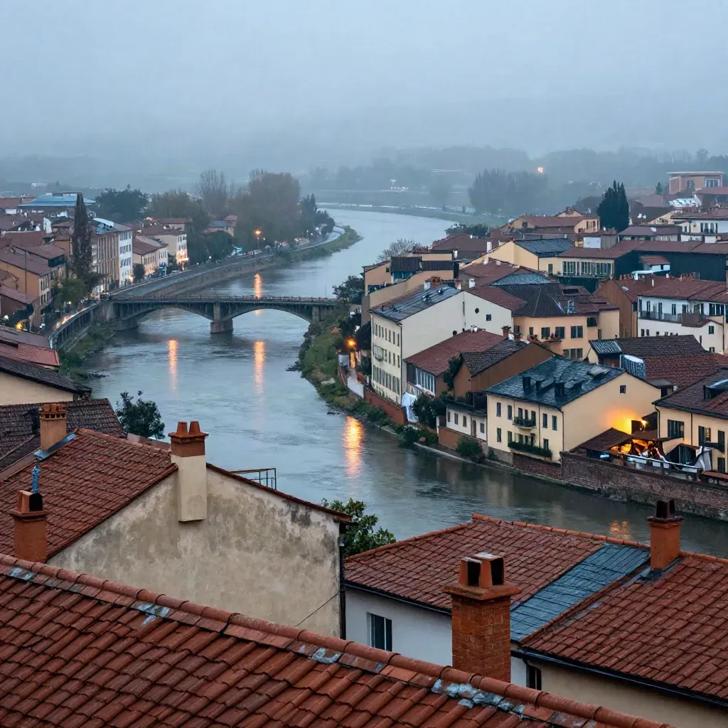 Terracotta rooftop cityscape and river bend in blue-hour rain haze with soft reflections.