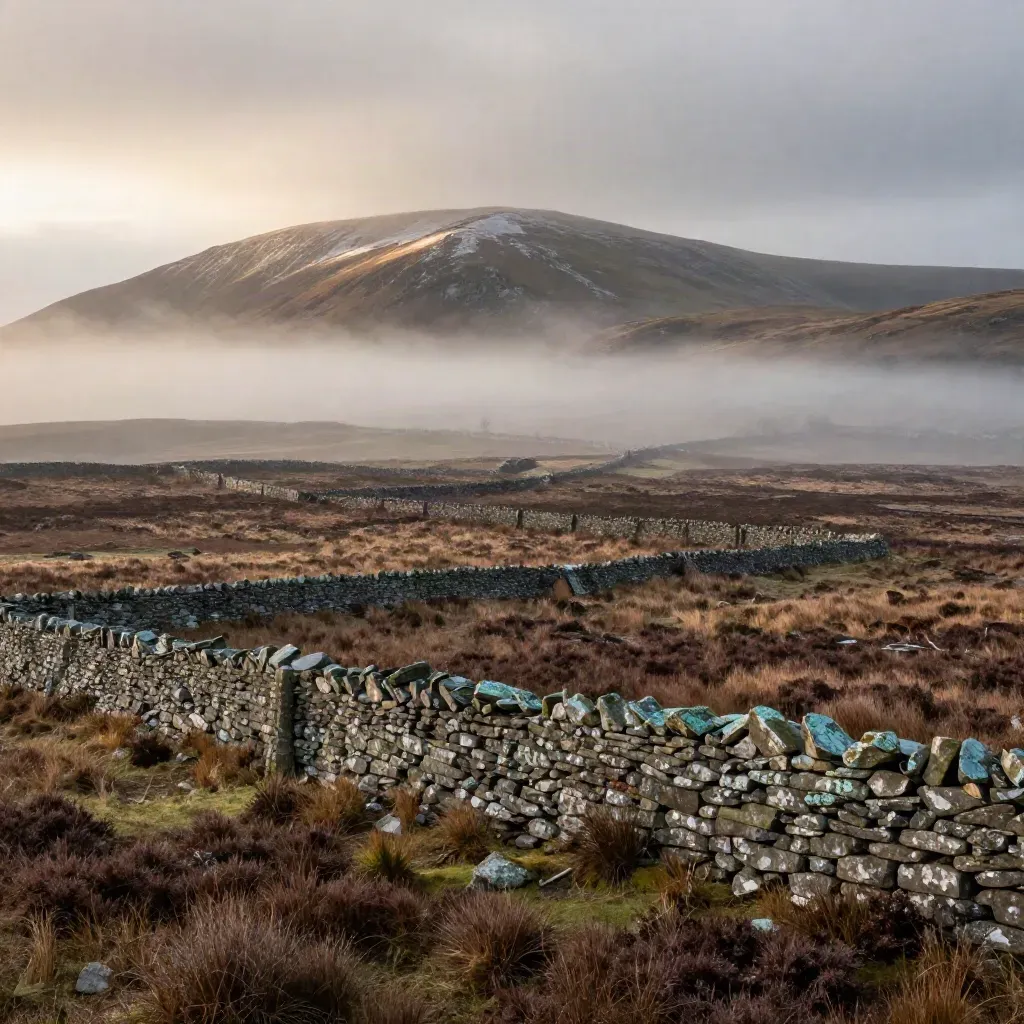Connacht bogland with stone walls and the Twelve Bens emerging through dawn mist