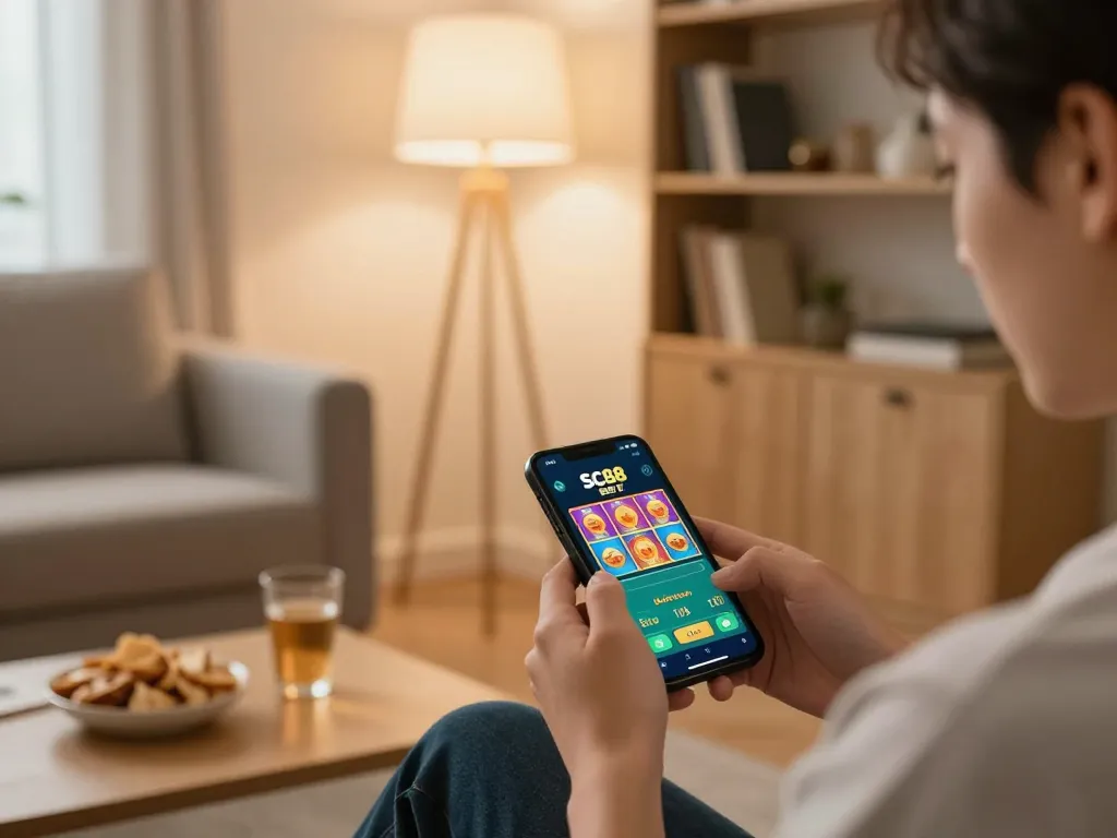 Experience SC88 BET online with a smartphone in a cozy home setup, enjoying gaming.