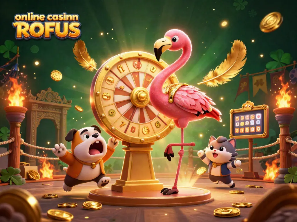 Spin the giant prize wheel at an online casino uden ROFUS with lively characters and golden casino elements.