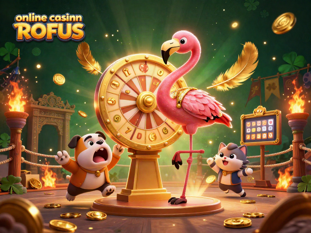 Spin the giant prize wheel at an online casino uden ROFUS with lively characters and golden casino elements.