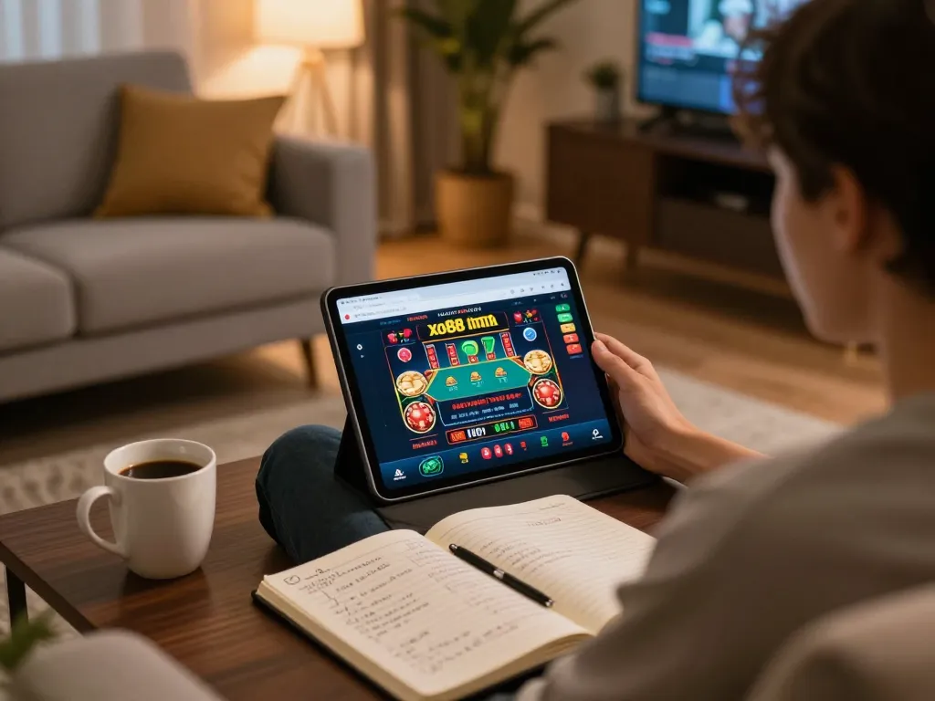 The user engages with the link xo88 casino platform on a tablet in a cozy home setting, focusing on responsible gaming strategies.