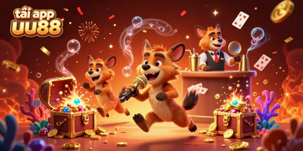 Visualize fun at tải app uu88 casino with hyena characters in a comedic club surrounded by treasure.