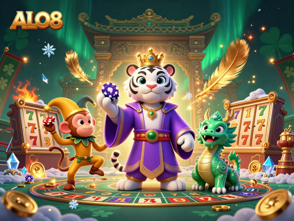 Experience the exciting world of ALO8 as the playful golden monkey juggles poker chips amid vibrant casino elements.