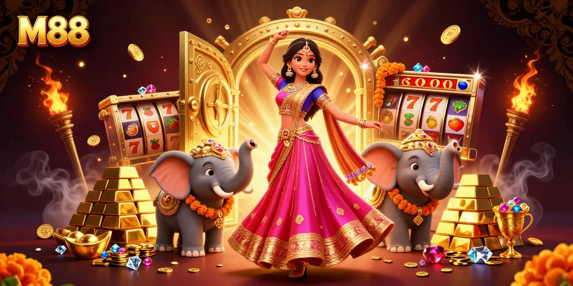 M88 casino illustration featuring an Asian woman, vibrant lehenga, and treasure elements.