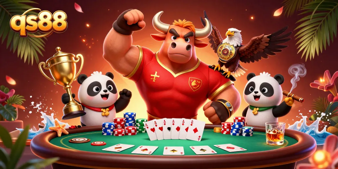 Experience thrilling poker action with qs88's energetic characters celebrating victories in a vibrant casino scene.