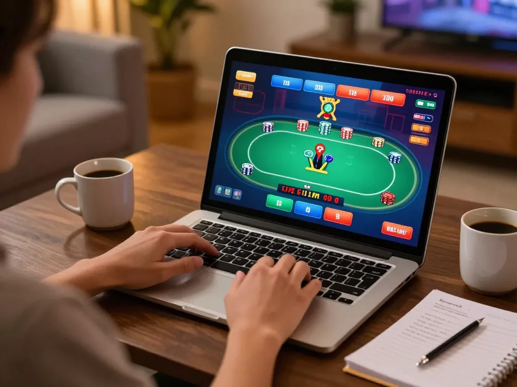 Engaging online gaming scene with a user playing poker on vip79 platform, featuring cozy atmosphere and strategy notes.