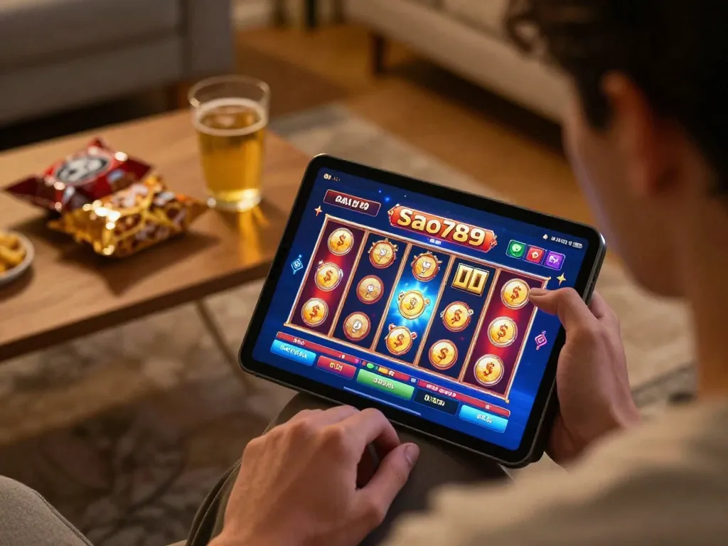 Sao789 user engaged in an intense session on their tablet, showcasing online slot game action and vibrant graphics