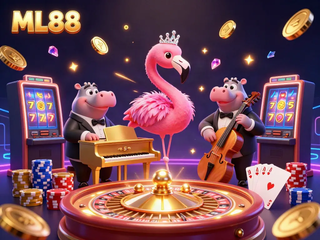 Experience the thrill of ML88 with a vibrant 3D casino scene featuring animated characters and dazzling game elements.