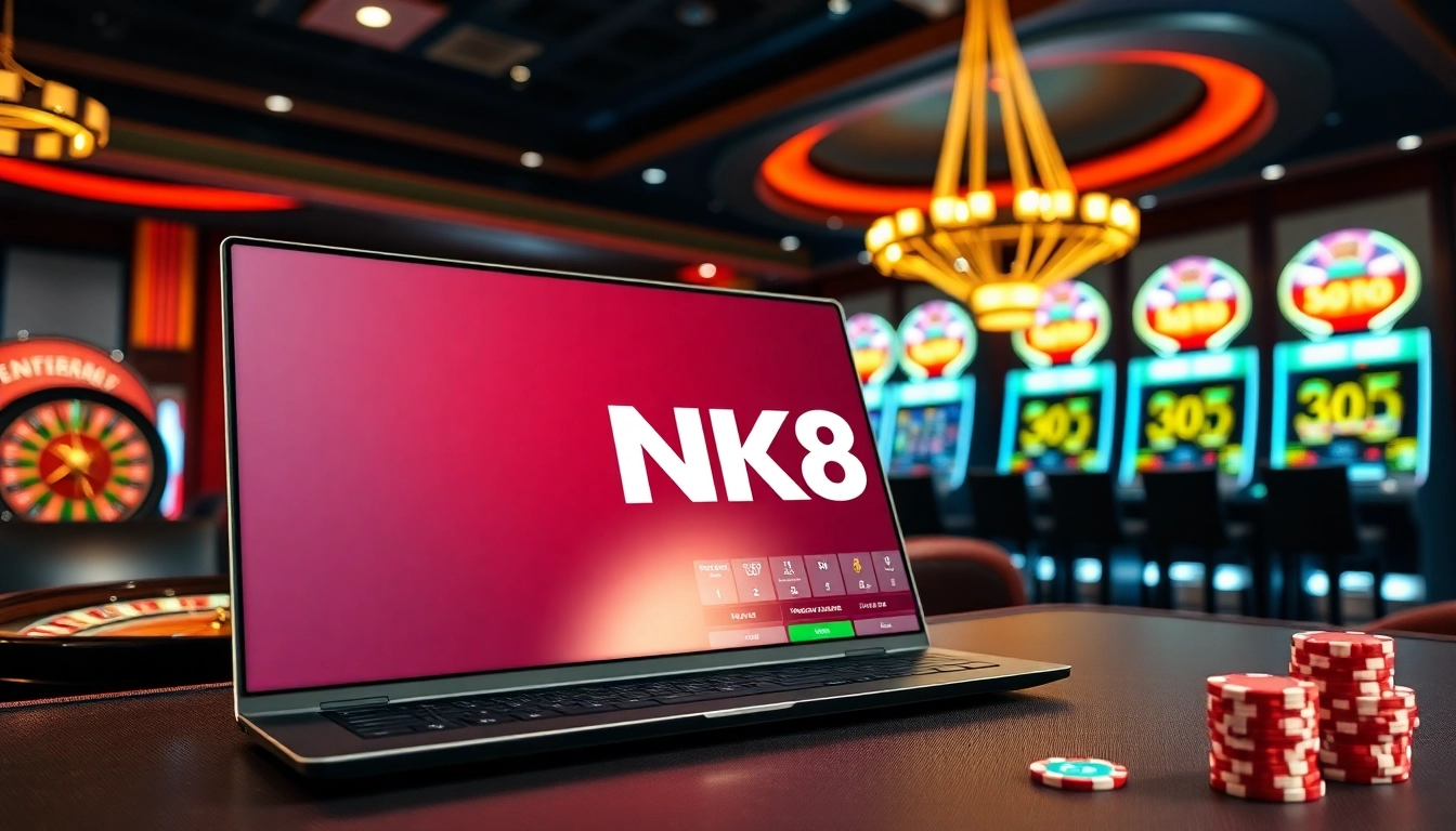 Engaging scene of a NK88 online gambling interface with stylish casino elements.
