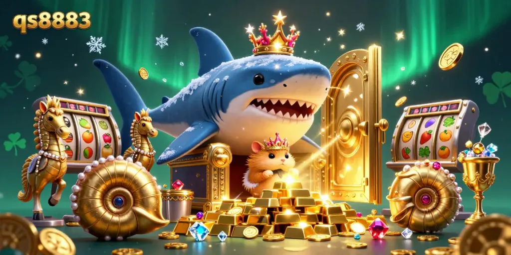 Experience a vibrant gaming scene featuring the qs8883 hamster king in a treasure-filled casino with slot elements.