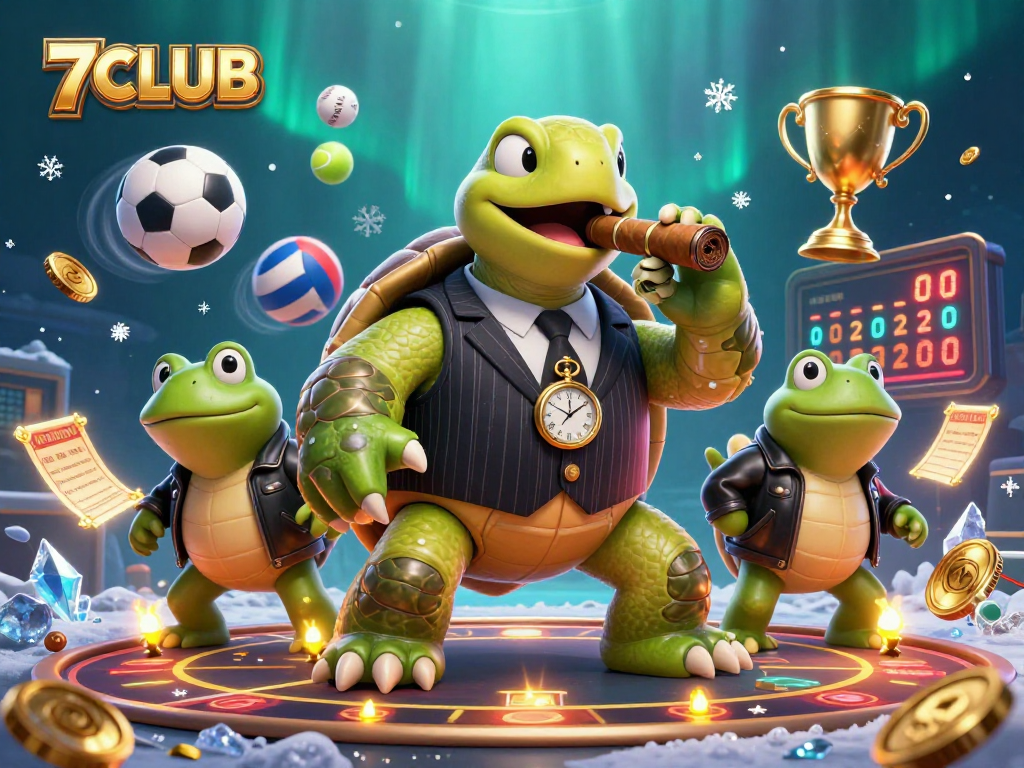 Experience the thrill of 7CLUB in a vibrant 3D casino scene with characters and game elements.