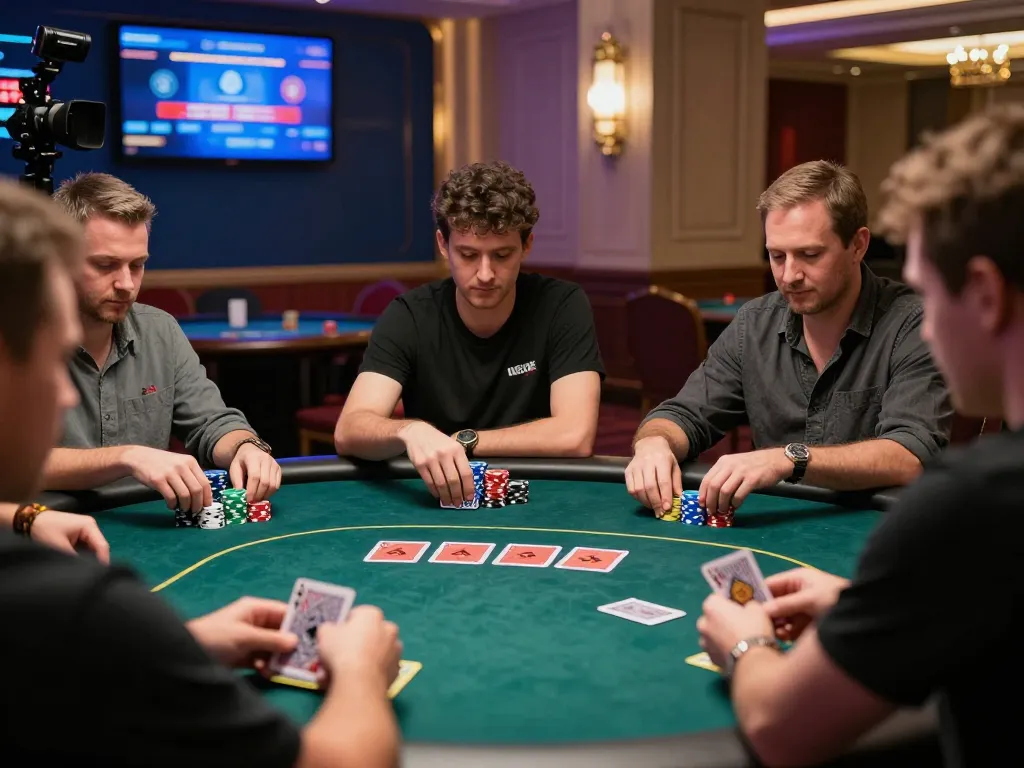 Players at QQ88AE online casino strategizing during an intense poker game, showcasing excitement and skill