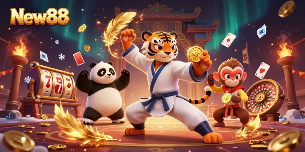 Experience thrilling moments at New88 with vibrant characters in a lively casino scene.