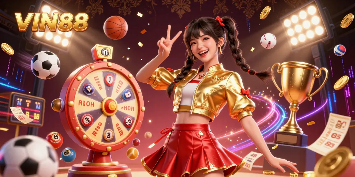 Engage with VIN88 in this vibrant scene of an Asian woman celebrating winning moments, surrounded by colorful sports elements and casino excitement.