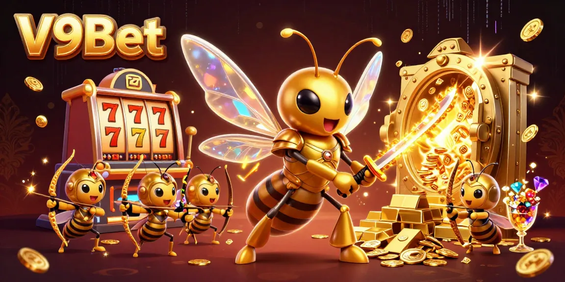 Experience the thrill of V9Bet's dynamic casino world featuring giant samurai hornet and slot machines.