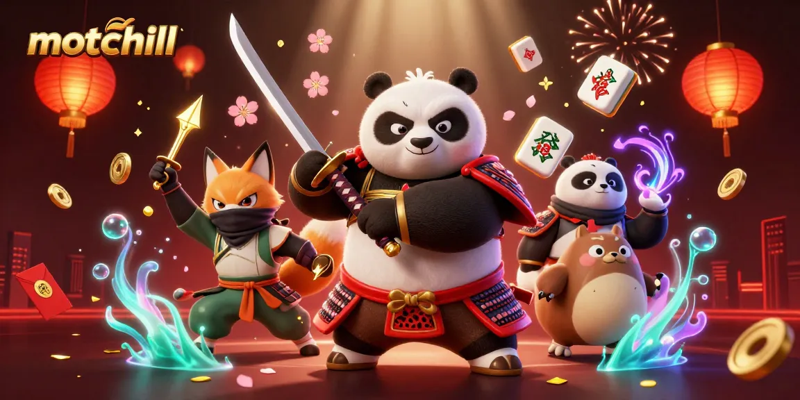Engaging motchill gaming illustration featuring a samurai panda and ninja fox amidst casino elements.