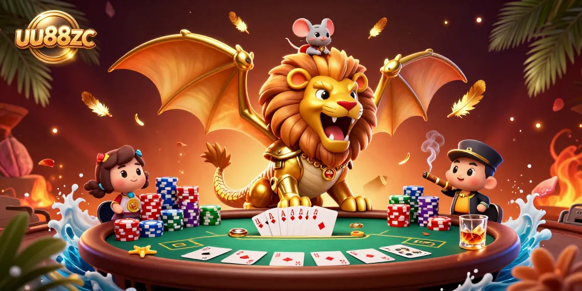 Experience thrilling poker action at uu88zc with an exciting magical scene featuring a whimsical chimera and prized poker elements.