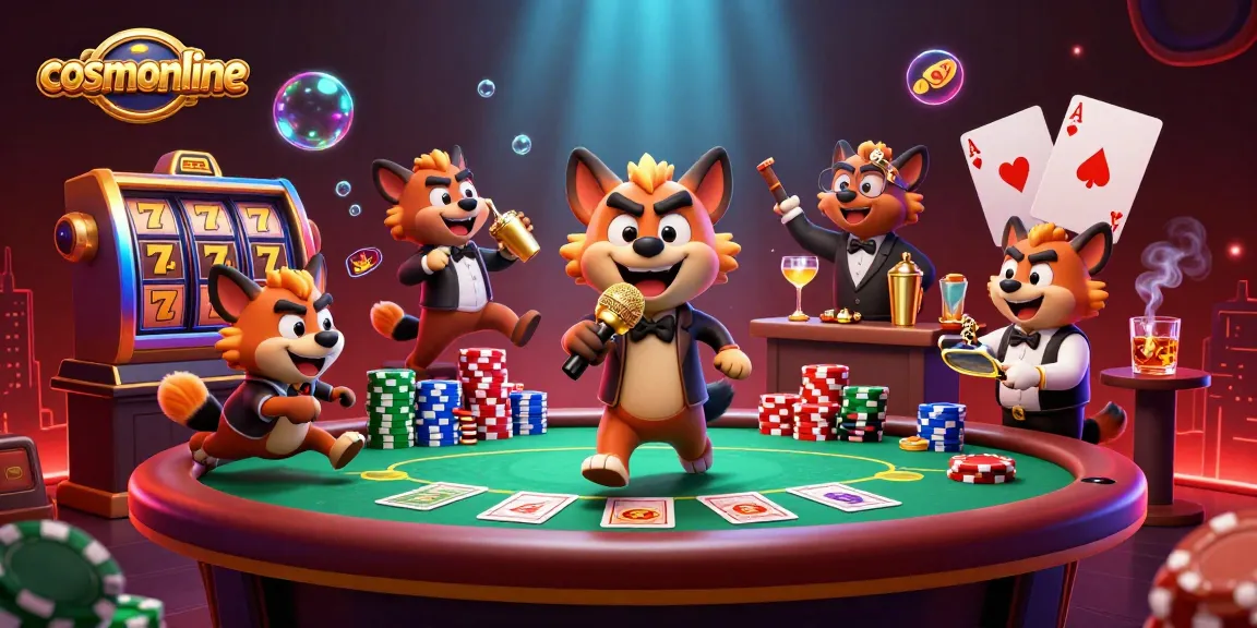 cheerful hyenas in a comedy casino setting, promoting cosmonline with gaming action and vibrant visuals
