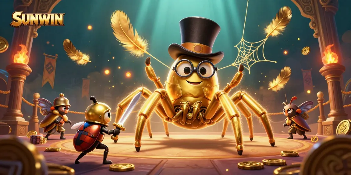 SUNWIN showcases exhilarating gameplay with a golden arachnid and beetle knight amid dynamic casino elements.