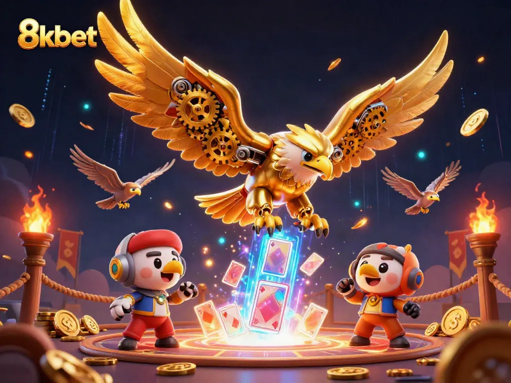 Experience thrilling gameplay at 8kbet with a dynamic scene showcasing a golden eagle and holographic cards.