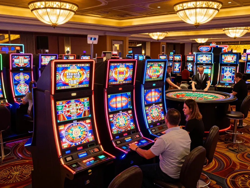 Players enjoy slot machines at a vibrant casino, engaging in the thrilling experience of ok365 gambling.