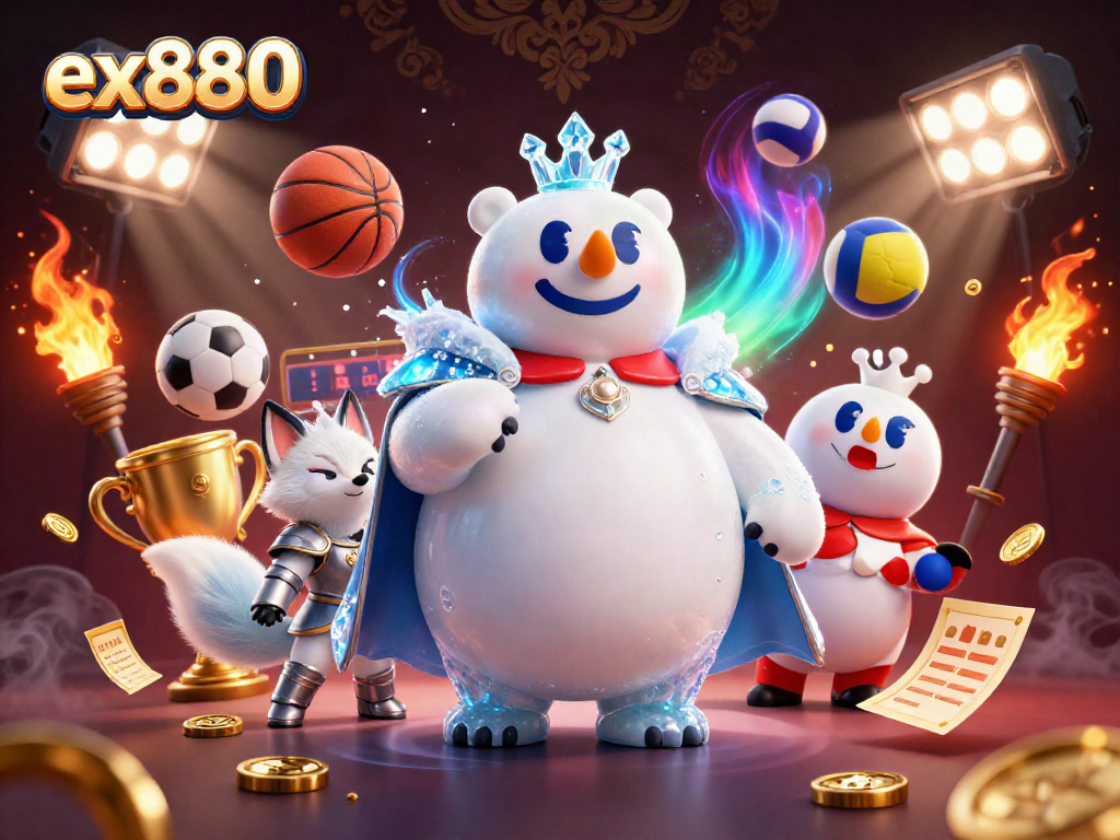 Bet on ex880 with a dynamic scene of a polar bear and snow fox amidst sports elements.