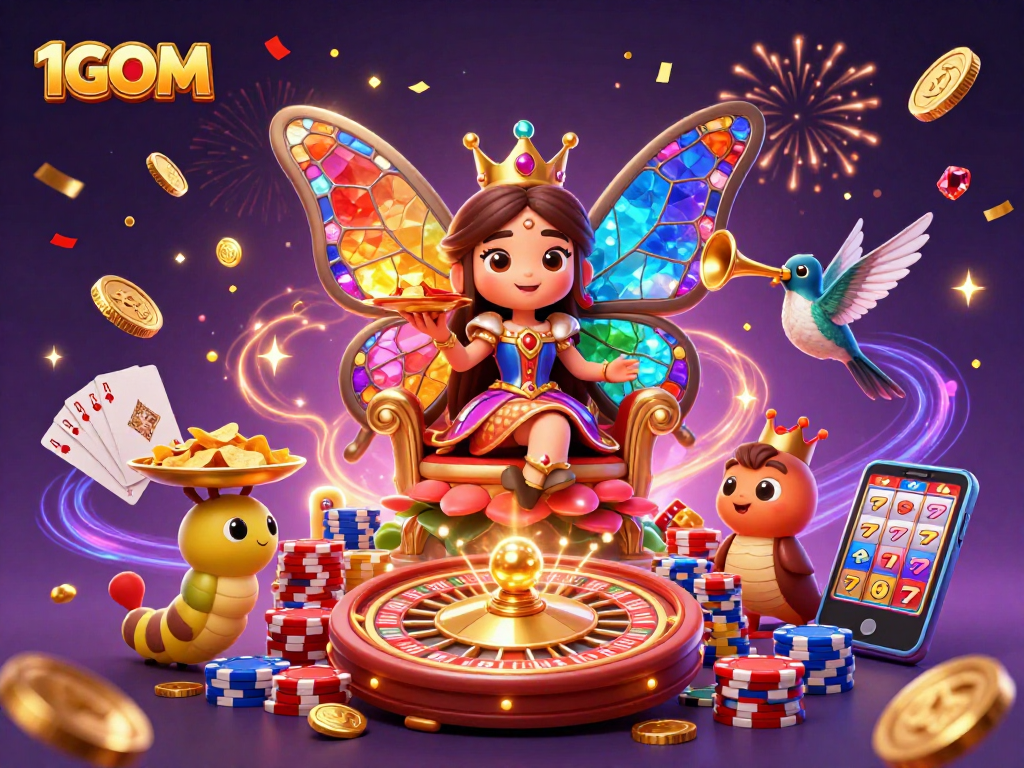 Engage in thrilling gameplay at 1GOM with an enchanting butterfly queen and dynamic casino elements.