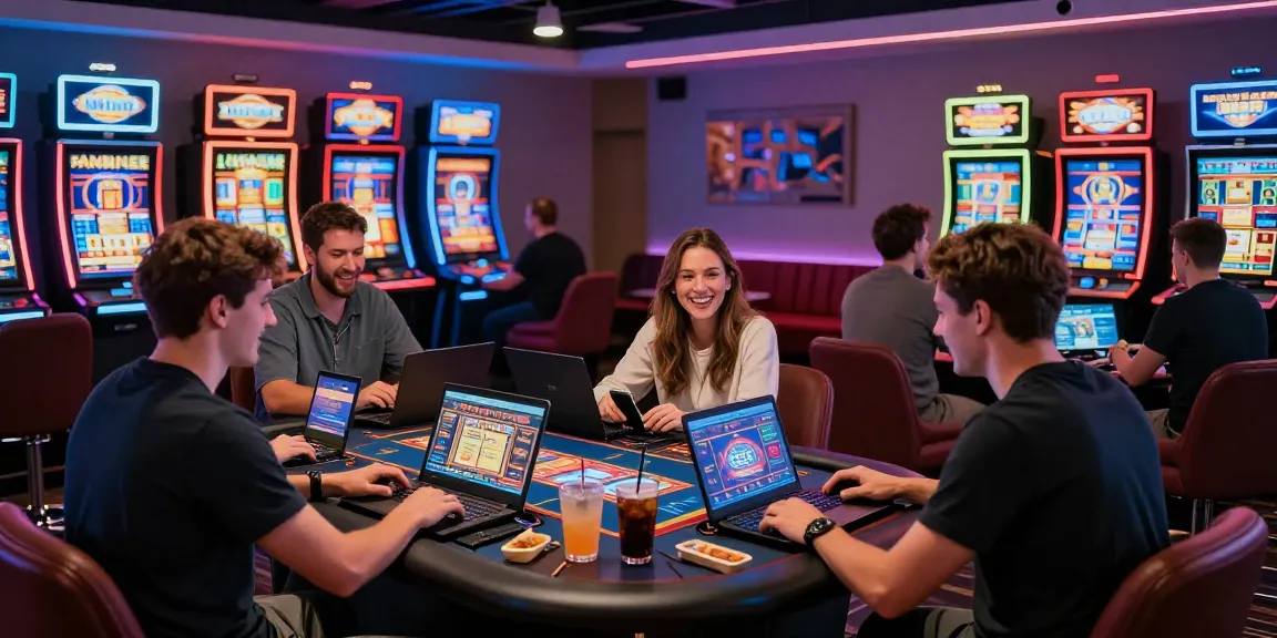Explore top non UK casinos in a lively gaming lounge filled with engaged players and vibrant atmosphere.