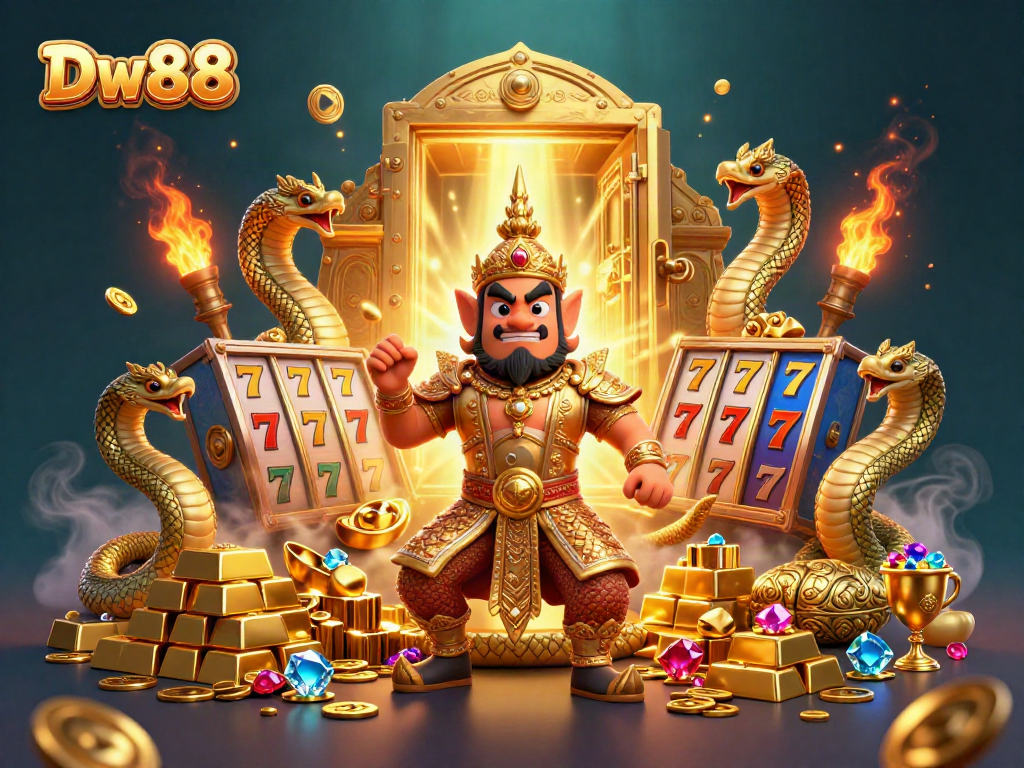Experience thrilling action at Dw88 with a cartoon guardian and treasure-filled slots and jewels.